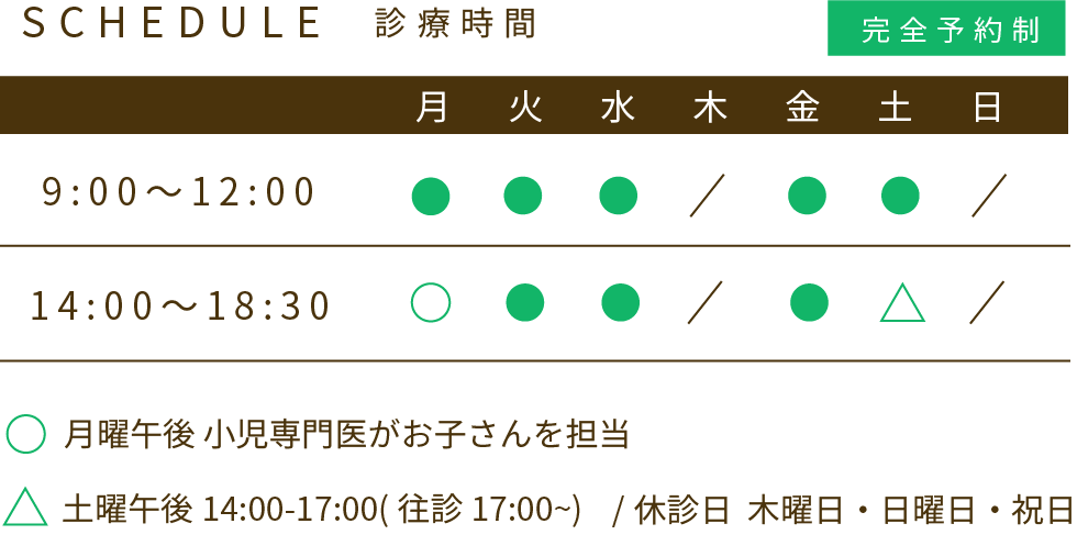 診療時間、完全予約制、9:00〜12:00、14:00〜18:30、月曜午後 小児専門医がお子さんを担当、土曜午後14:00-17:00(往診 17:00~)、休診日  木曜日・日曜日・祝日
